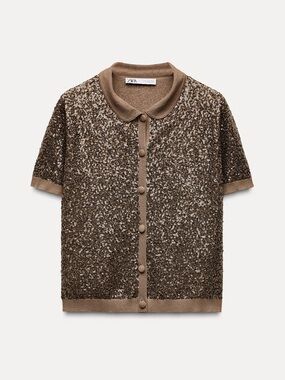 NWT Zara Copper Brown Sequin Glitter Button-Up Short-Sleeve Knit Top - Small